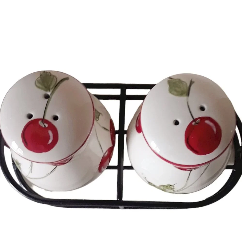 Cherry Salt and Pepper Shakers with Metal Holder